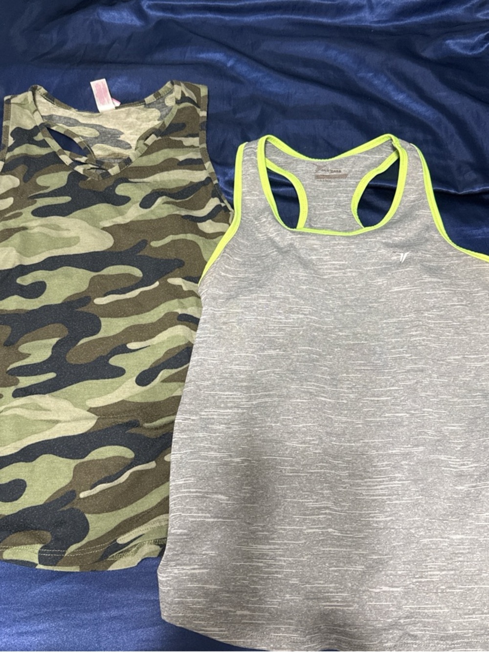 No Boundaries Girls' Camo and Grey Heather Racerback Tank with Neon Yellow Trim